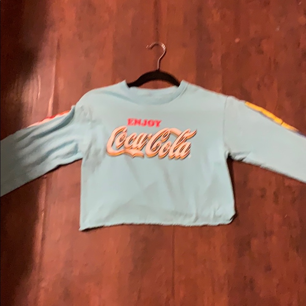 Blue, striped sleeve, coke-a-cola crop top.